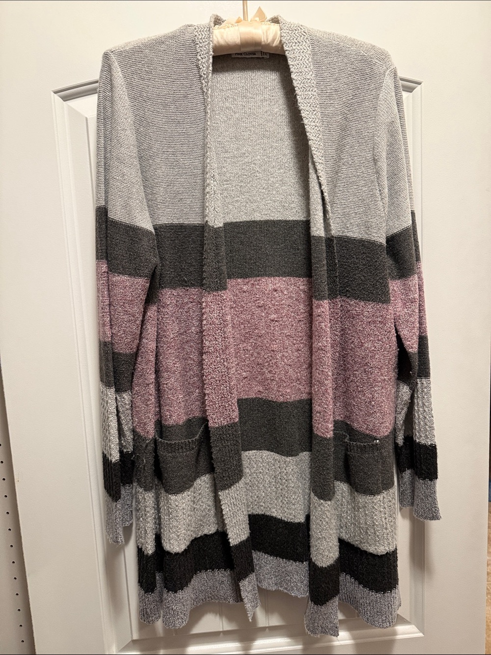 Pink Clover Open-Front Striped Cardigan in Pink, Gray & Black